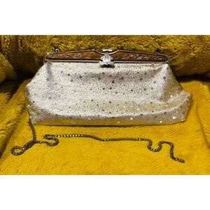 Vintage Gold Clutch Evening Bag Rhinestone Clasp Chain Handle Retro Glam Regency